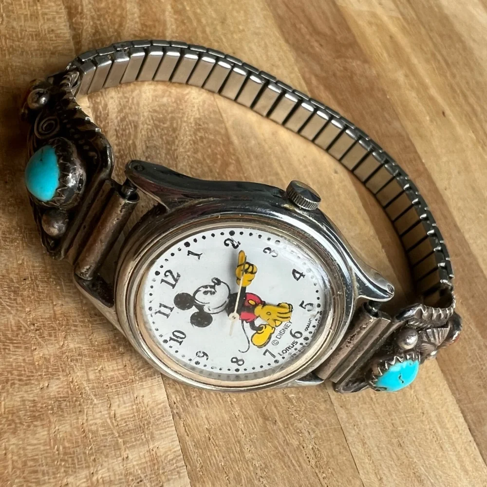 VTG Lorus Mickey Mouse ladies watch with Sterling silver Native American wings